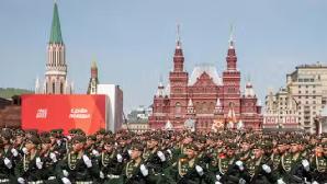 Soldiers at a traditional Victory Day parade in Red Square, Moscow. Xinhua/Alamy